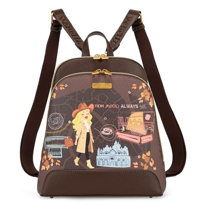 Venetti Cityscape Illustration Mini Backpack for Women and Girls, Cute Small Backpack Purse with Multi-Pocket and Zipper, Light Print Shoulder Bag Leather for Travel Daily Use VN-HB-001-BR - color: Brown