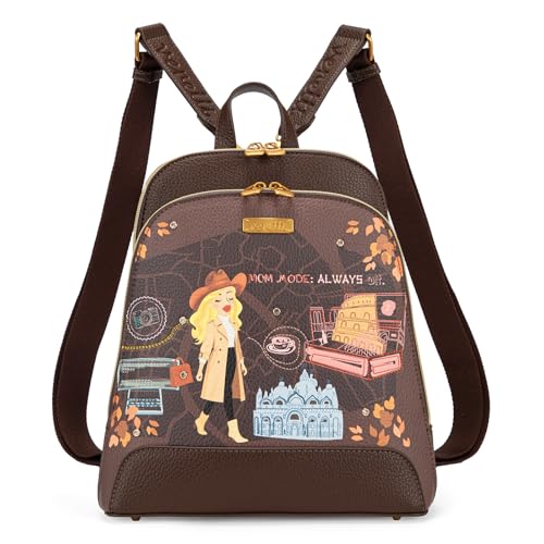 Venetti Cityscape Illustration Mini Backpack for Women and Girls, Cute Small Backpack Purse with Multi-Pocket and Zipper, Light Print Shoulder Bag Leather for Travel Daily Use VN-HB-001-BR - color: Brown