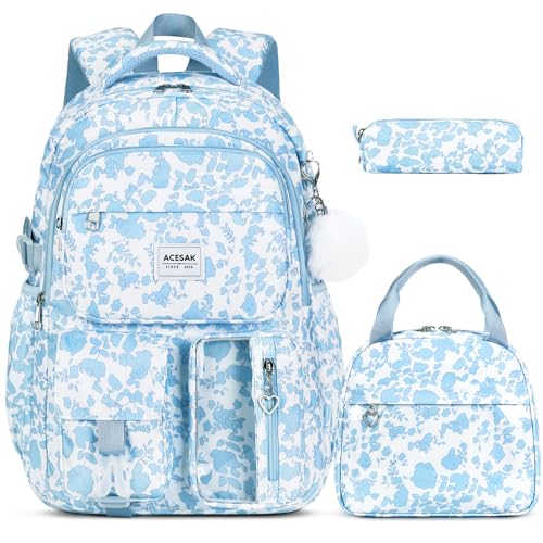 ACESAK Backpack for Girls - Girls Backpack with Lunch Bag & Pencil Pouch for Teen Kids Laptop Backpack for Women, Elementary Middle High School Bookbag Travel Daypack (Blue Floral) - color: Blue Floral