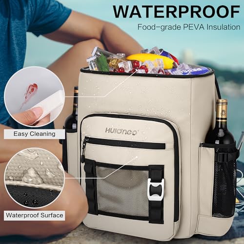Hulongo Cooler Backpack, 30L Insulated Leakproof Soft Cooler Bag for 52 Cans, Lightweight Backpack for Beach, Picnic, Camping, Hiking, Fishing and Travel - color: Beige