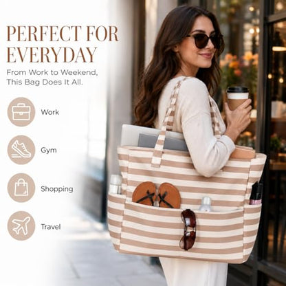 LEDAOU Beach Bag Waterproof Sandproof Women Beach Tote Pool Bag with Zipper for Swim Gym Grocery Travel with Wet Pocket | Sandproof - color: Brown White Stripes