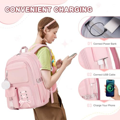 Scothen Backpacks for Girls, Girls Backpack with Lunch Box & Pencil Pouch for Teens Girl Kids Elementary Middle High School College Student Bookbag Daypack Laptop Travel Backpack for Women - color: Pink