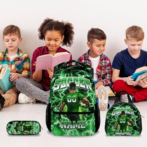 UNIKITTY Boys Soccer Backpack Set, Custom School Backpack with Lunch Box & Pencil Case; 17 Inch Large Capacity Soccer Bookbag, Water Resistant for Kids Teens Elementary & Middle School - color: Green