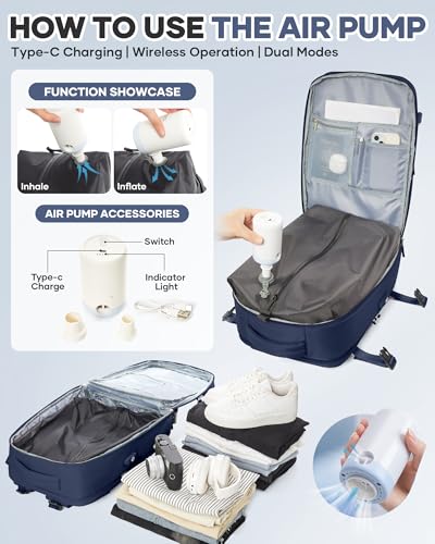 Vacuum Seal Travel Backpack with Air Pump,Compression Vacpack Waterproof Carry On Backpack for Travel Women Men with Vacuum System,Airlines Approved Daypack Laptop Space Saver Bags,DarkBlue - color: B9-darkblue(with Air Pump)