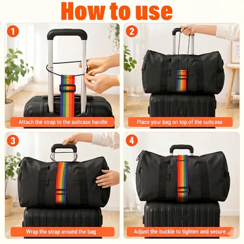 4 Pack Strong Adjustable Luggage Connector Straps, 11''-18" Rainbow Flexible Suitcase Accessories Elastic Fastening Multi-Functional Travel Packing for Securing Stacking Bag, Backpacks (Rainbow+Black)