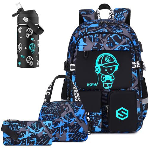 Scothen Boys Backpack, Cool Luminous Gamer School Backpacks for Boys with 14oz Insulated Water Bottle Lunch Bag Pencil Case, Kids Backpack Book Bags for Kindergarten Elementary Middle School - color: Blue Musicer