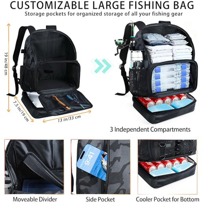 Fishing Backpack with Tackle Boxes and Rod Holder, Cooler, 30L Large Tackle Bag with Fishing Gear Lures Kit, Waterproof Bottom tackle Backpack Fish Set Gifts for Men Women-Camo Back Pack - color: Camo BackPack