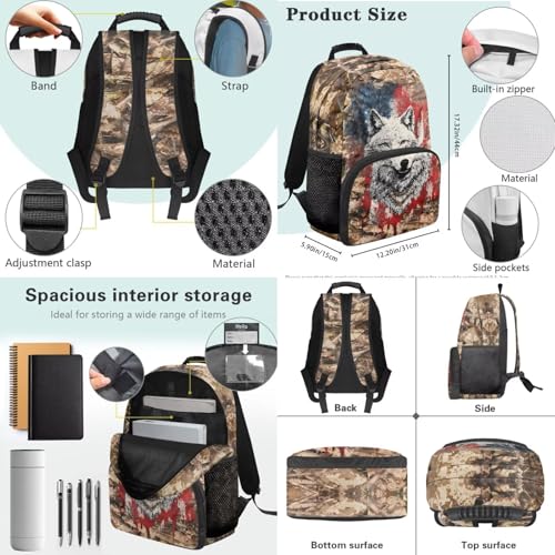 Kids Backpack for School, Branches American Flag Wolf 17 Inch Bookbag with Lunch Box Kids School Bag Set 3pcs School Daypack for Teens Boys Girls - color: Branches American Flag Wolf