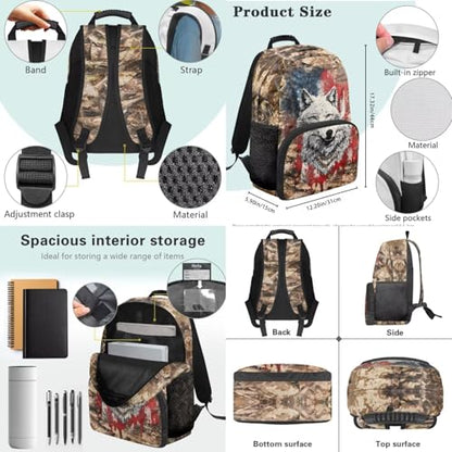 Kids Backpack for School, Branches American Flag Wolf 17 Inch Bookbag with Lunch Box Kids School Bag Set 3pcs School Daypack for Teens Boys Girls - color: Branches American Flag Wolf