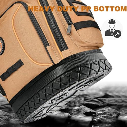 Tool Bag Backpack, 75 Pockets & Loops Canvas Heavy Duty Tools Organizer Bags/HVAC Tool Carrier for Electrician/Construction Work with Molded Base and Combination Lock - Brown - color: Brown