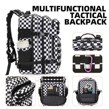 Lovelinks21 25L Tactical Military Backpack Small Travel Rucksack for Men and Women Assault Pack Bug Out Bag Molle Daypack Gym Backpack with Bottle Holder (Black White Checkered) - color: Black White Checkered