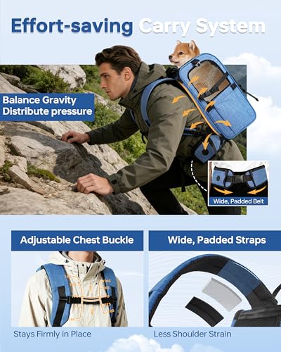 Hiking Dog Carrier Backpack, Padded Height-Enhancing Design, Adjustable Waist Cushioning Belt with Breathable Padded Back Support, Dog Carrier Backpack for Small Dogs Max 13LB Blue with Pad - color: Blue