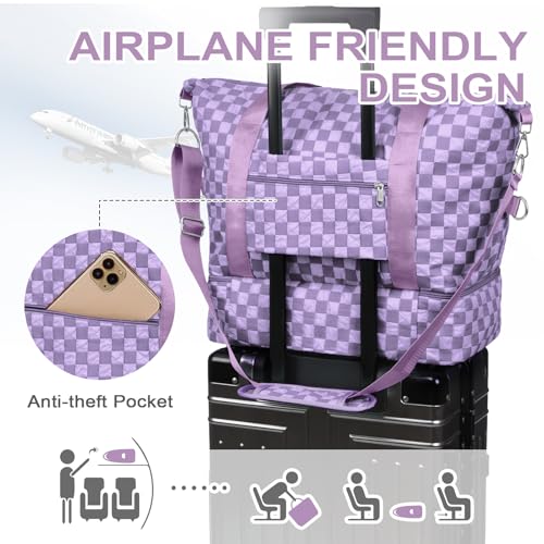 WOOMADA Weekender Bag for Women, Travel Duffel Bags with Shoe Compartment & Wet Pocket, Personal Item Bag for Airlines - color: Lavender Checkerboard