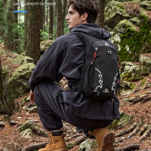 18L Lightweight Hiking Backpack, Breathable Daypack with Rain Cover, Reflective Ultralight Camping Bag for Men Women, Hydration Outlet for Outdoor Travel - color: Black