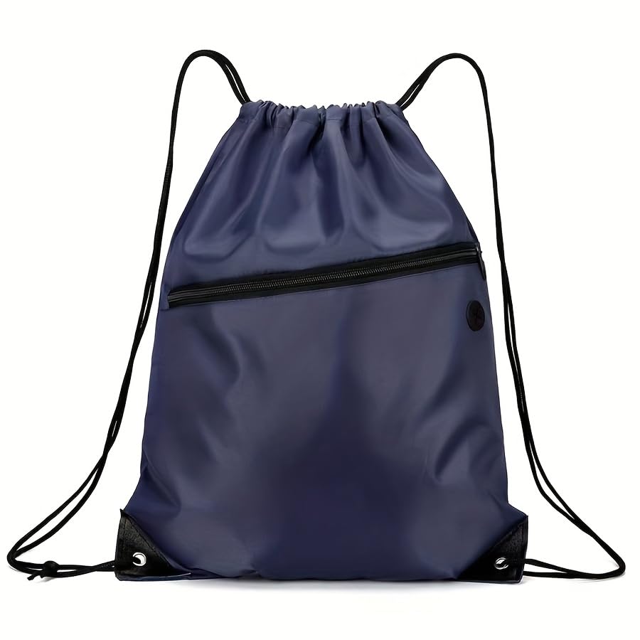 Drawstring Backpack Large Capacity with Zip Pocket and Adjustable Straps, Sport Shoulder Bag for Hiking, Gym and Outdoor, Navy blue - color: Navy Blue