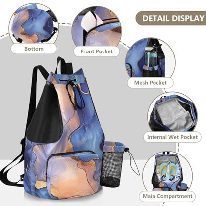 Drawstring Gym Bags For Men Women Pool Bag With Pockets Cinch Bags Waterproof Marble Royal Blue Peach - color: Color 11