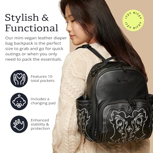 Itzy Ritzy Mini Diaper Bag Backpack – Chic, Compact Mini Plus Backpack with Changing Pad, 10 Pockets (6 Internal, 4 External), Grab-Top Handle & Rubber Feet (Outlaw) - color: Outlaw