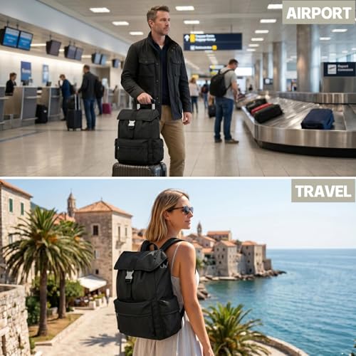 Black Travel Backpack for Men, Carry On Airplane Backpack, Anti Theft Waterproof Laptop Bag for Personal Item, College Work Gym Commuter - color: Black