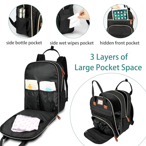 LANDICI Diaper Bag Backpack, Multifunction Baby Diaper Bags with Changing Pad, Stroller Straps & Pacifier Case, Travel Essentials Back Pack for Mom Dad Boy Girl, Large Capacity, Waterproof, Black - color: Black