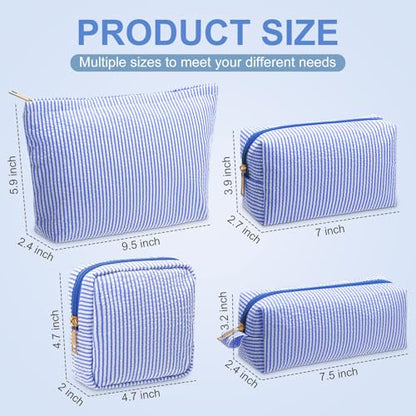 Sanwuta 4 Pcs Seersucker Pouch Cosmetic Bag Set Seersucker Makeup Bag Women Stripe Large Travel Toiletry Organizer Aesthetic Preppy Storage for Embroidery Women Bridesmaid Gifts(Dark Blue) - color: Dark Blue