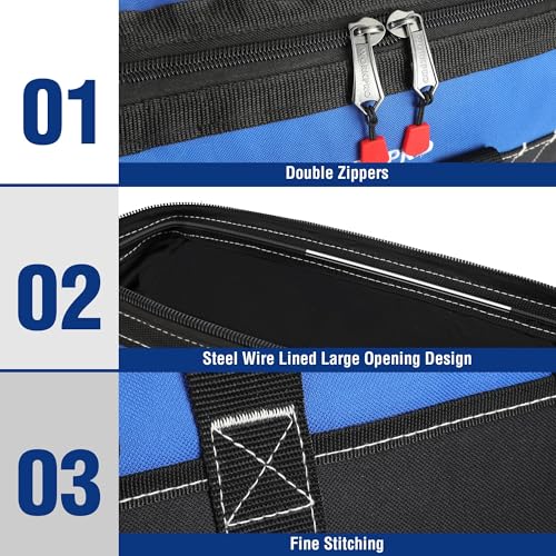 WORKPRO 16-inch Wide Mouth Tool Bag with Water Proof Molded Base | Heavy Duty Cloth Tool Storage Bag, Adjustable Shoulder Strap - color: Black&Blue