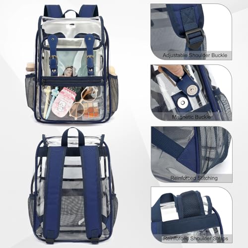 Heavy Duty Clear Backpack Stadium Approved Transparent Backpacks for School College Festival Work Travel (Navy Blue) - color: Navy Blue