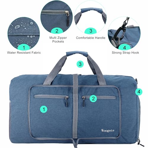 Woogwin Travel Duffel Bag Large Foldable Waterproof Overnight Bag for Beach Swim Bags Pool Sports Gym - color: 60L SnowDarkblue