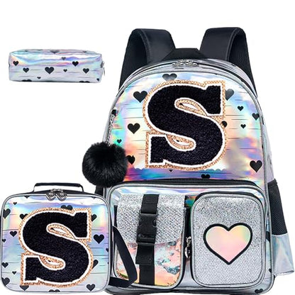 HTgroce Backpacks for Girls School Bag Kids Black Bookbag for Elementary Students Kids Backpack with Lunch Box and Pencil Case - color: Silver, style: S