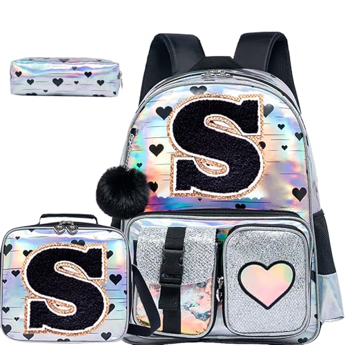 HTgroce Backpacks for Girls School Bag Kids Black Bookbag for Elementary Students Kids Backpack with Lunch Box and Pencil Case - color: Silver, style: S