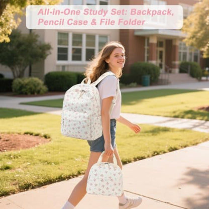 BTOOP School Backpacks for Teen Girls Bookbags Lightweight Kids Backpack School Bags Set with Lunch Box Pencil Case - color: Blue Bow-pink Flower