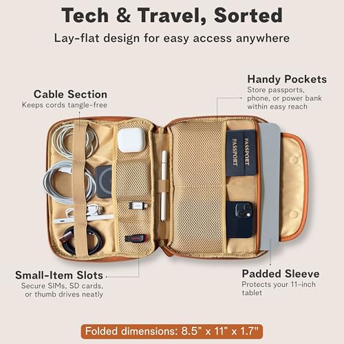 rofozzi Vegan Leather Travel Tech Pouch, Electronics & Cable Case Organizer with Padded 11-Inch Tablet Sleeve and Passport Pockets - color: Caramel