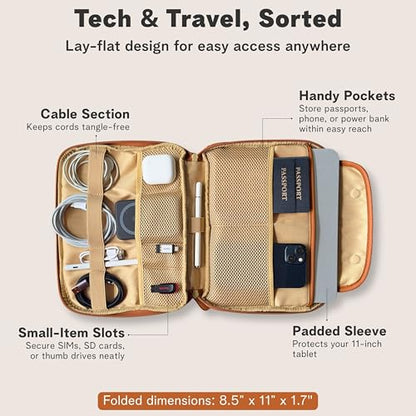rofozzi Vegan Leather Travel Tech Pouch, Electronics & Cable Case Organizer with Padded 11-Inch Tablet Sleeve and Passport Pockets - color: Caramel