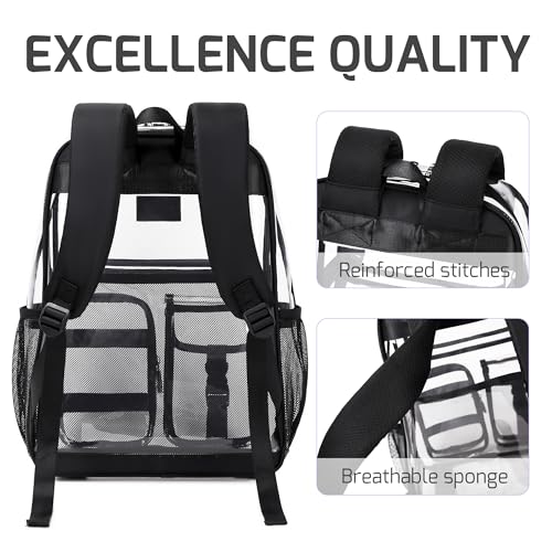 LXYGD Clear Backpack for School Stadium Approved Transparent Heavy Duty See Through College Bookbag Travel Work Daypack Security for Teens Girls Women Students (Black) - color: Black