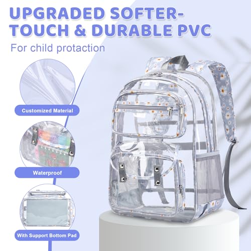 ACESAK Clear Backpack for Girls - 3 Pcs Clear Backpack Heavy Duty with Lunch Bag - See Through Bookbag Stadium Approved for Kids Middle High College School Sport Travel (Gray Daisy) - color: Gray Daisy