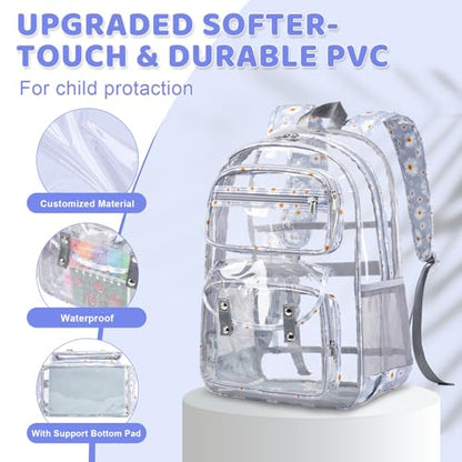 ACESAK Clear Backpack for Girls - 3 Pcs Clear Backpack Heavy Duty with Lunch Bag - See Through Bookbag Stadium Approved for Kids Middle High College School Sport Travel (Gray Daisy) - color: Gray Daisy