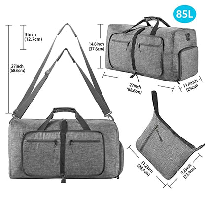 Vomgomfom 65L/85L/115L Foldable Travel Duffle Bag, Lightweight Checked Luggage with Shoe Compartment, Water-Resistant Weekender Overnight Bag for Men & Women - color: A Gray, size: 85L