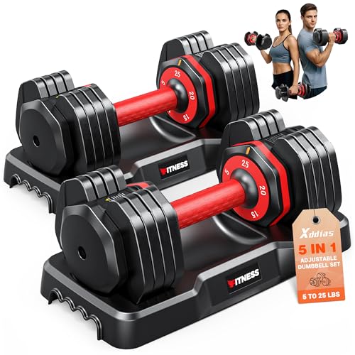 XDDIAS Adjustable Dumbbells Set of 2 for Strength Training, One-Hand Quick Adjust, 25/55/80/90 lbs Options, Anti-Slip Grip Handle, Compact Home Gym Weights for Men Women - color: Basic 5-Level 25LB Pair