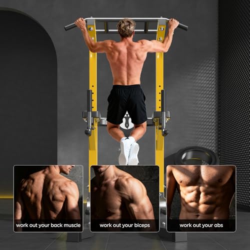 DlandHome Power Tower Pull Up Bar Station, Heavy Duty Pull Up Dip Station Adjustable Height for Home Gym Strength Training Equipment, 330LBS Weight Capacity - color: Yellow