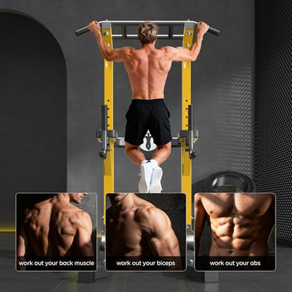 DlandHome Power Tower Pull Up Bar Station, Heavy Duty Pull Up Dip Station Adjustable Height for Home Gym Strength Training Equipment, 330LBS Weight Capacity - color: Yellow
