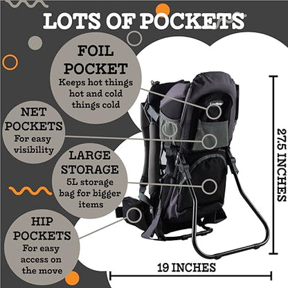 Hiking Baby Carrier Backpack - Comfortable Toddler/Baby Backpack Carrier System with Diaper Change Pad, Insulated Pocket + Rain and Sun Hood to Protect Your Child - color: Black/Grey