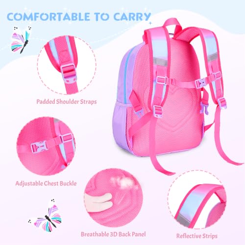 Kids Backpack for Girls 5-8, 4PCS Toddler Backpack with 13oz Kids Insulated Water Bottle, Lunch Box and Pencil Case, Girls Bookbag Schoolbag for Primary Kindergarten Elementary School - color: Purple Blue Butterfly