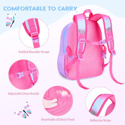 Kids Backpack for Girls 5-8, 4PCS Toddler Backpack with 13oz Kids Insulated Water Bottle, Lunch Box and Pencil Case, Girls Bookbag Schoolbag for Primary Kindergarten Elementary School - color: Purple Blue Butterfly