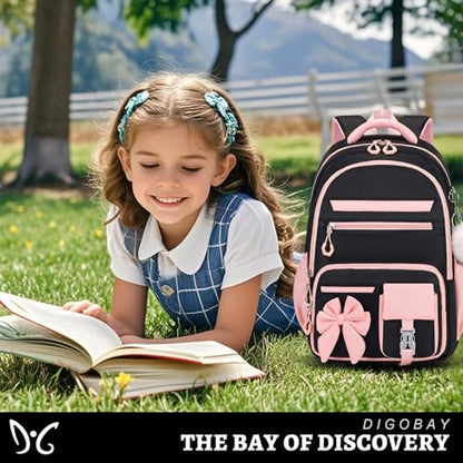 DIGOBAY Backpack for Girls, 3PCS Girls Backpack for School with Lunch Bag Pencil Case, Cute Kids Teens Bookbag for Kindergarten Elementary Preschool Middle School (Black-Pink) - color: Black-pink
