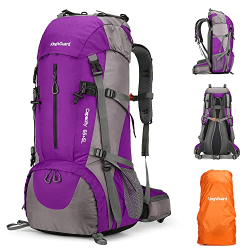 King'sGuard 70L Hiking Backpack with Rain Cover Lightweight Waterproof Travel Camping Backpack Large Backpacking Pack - color: Purple