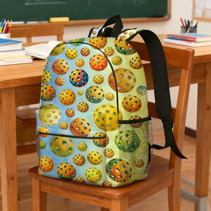 Pickleball Backpack for Kids & Youth, 16 Inch Tennis-Themed School Bookbag, Lightweight Polyester Daypack with Front Zip Pocket, Side Bottle Pocket, Padded Adjustable Straps, Unisex - color: Pickleball