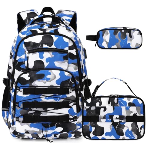 ACESAK Camo Backpack for Boys, Tactical Kids Backpack Boys, School Bags for Boy Children Teens Kids Elementary Middle High School, Military Bookbag and Lunch Bag Pencil Case Set with USB Charging Port - color: Blue White
