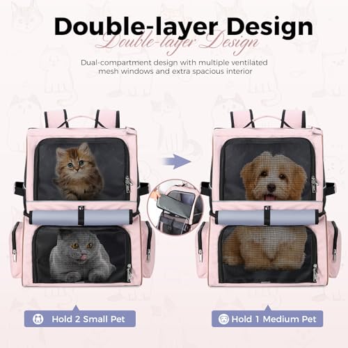 Double Cat Backpack Carrier for 2 Cats, Double-Compartment Pet Carrier Backpack for Two Small Cat or One Medium Cat, Cats Carrier Backpack Dog Carrier Backpack Fits Up to 24 Lbs,Pink - color: Pink