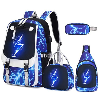 Bevalsa Backpack for Boys, Cool Luminous Boys Backpack with Sling Bag, Lunch Box & Pen Case, School Bags for Kids Children Teens Elementary Middle Schools, Bookbag Glow In The Dark (Lightning) - color: Blue Lightning