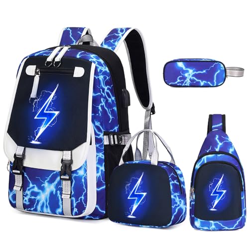 Bevalsa Backpack for Boys, Cool Luminous Boys Backpack with Sling Bag, Lunch Box & Pen Case, School Bags for Kids Children Teens Elementary Middle Schools, Bookbag Glow In The Dark (Lightning) - color: Blue Lightning