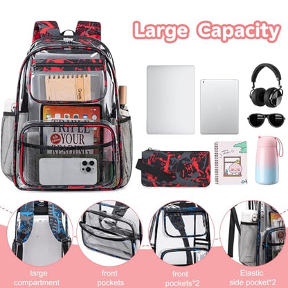 Bluboon Clear Backpack Heavy Duty Kids Boys Clear Bookbag See Through Backpacks with Pencil Case for College Work (Transparent Red) - color: Transparent Red